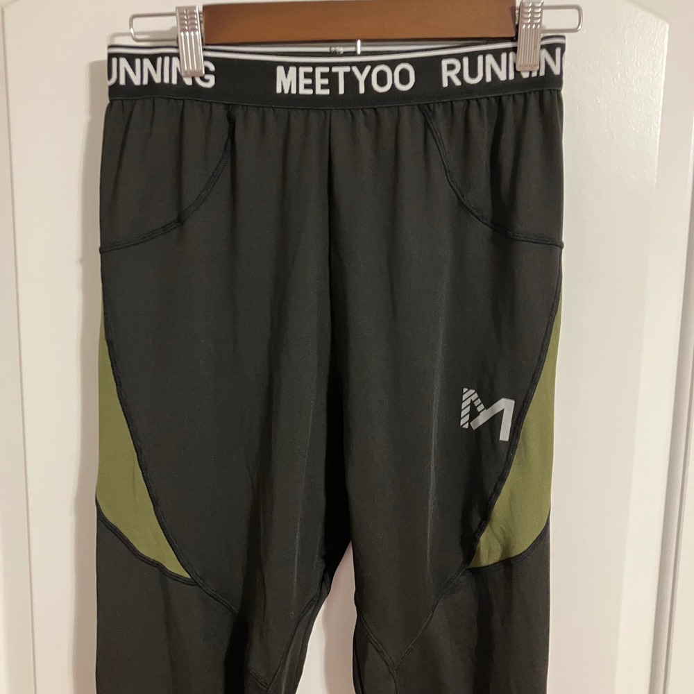 MEETYOO Mens Compression Leggings Black Olive Green Running Tights Size L - Picture 2 of 8